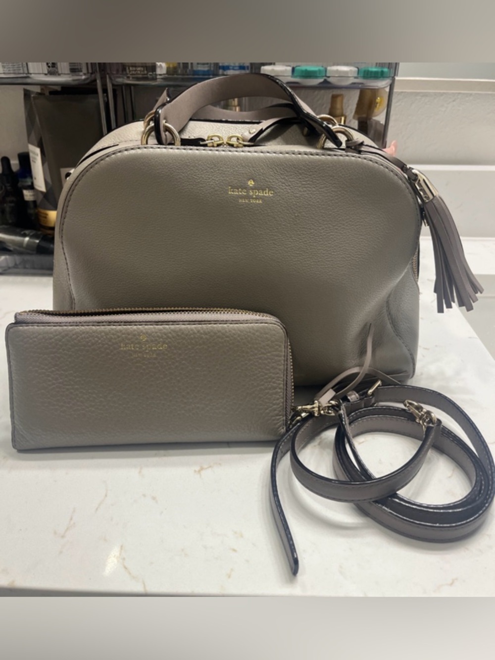 kate spade Gray Pebbled Leather Satchel with Wallet and Tassel